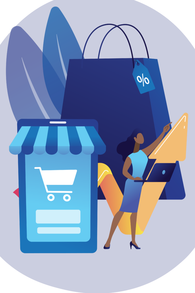 Illustration of a person managing an online storefront with a laptop, featuring a shopping bag, discount tag, and upward arrow symbolizing e-commerce growth.