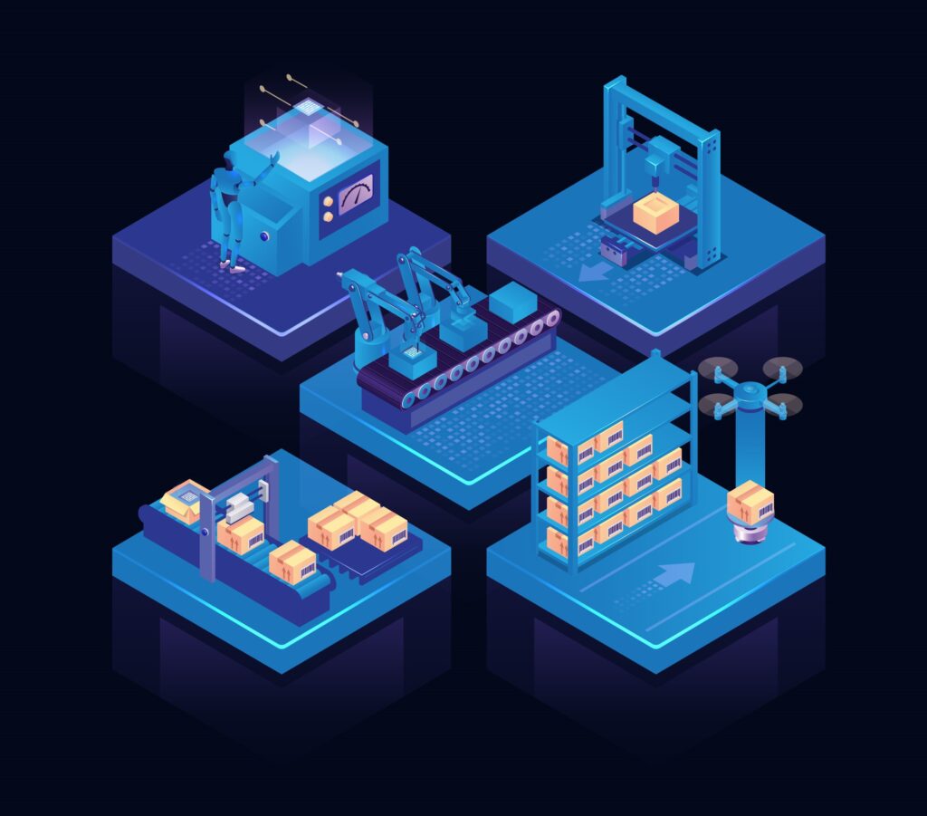 An isometric illustration showcasing various automated manufacturing and logistics processes, including machinery, conveyor belts, packaging, and robotic arms on a dark background.