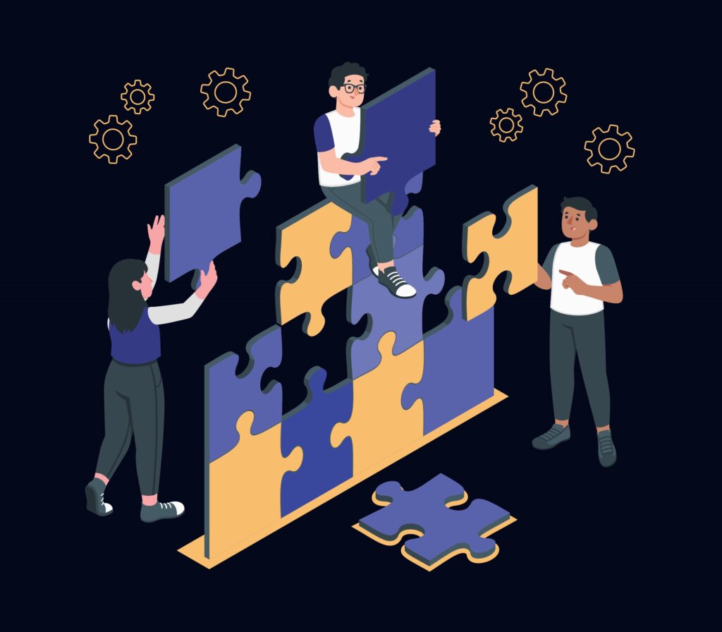 An illustration of three people assembling a large puzzle with colorful pieces and gears in the background, symbolizing collaboration and problem-solving.