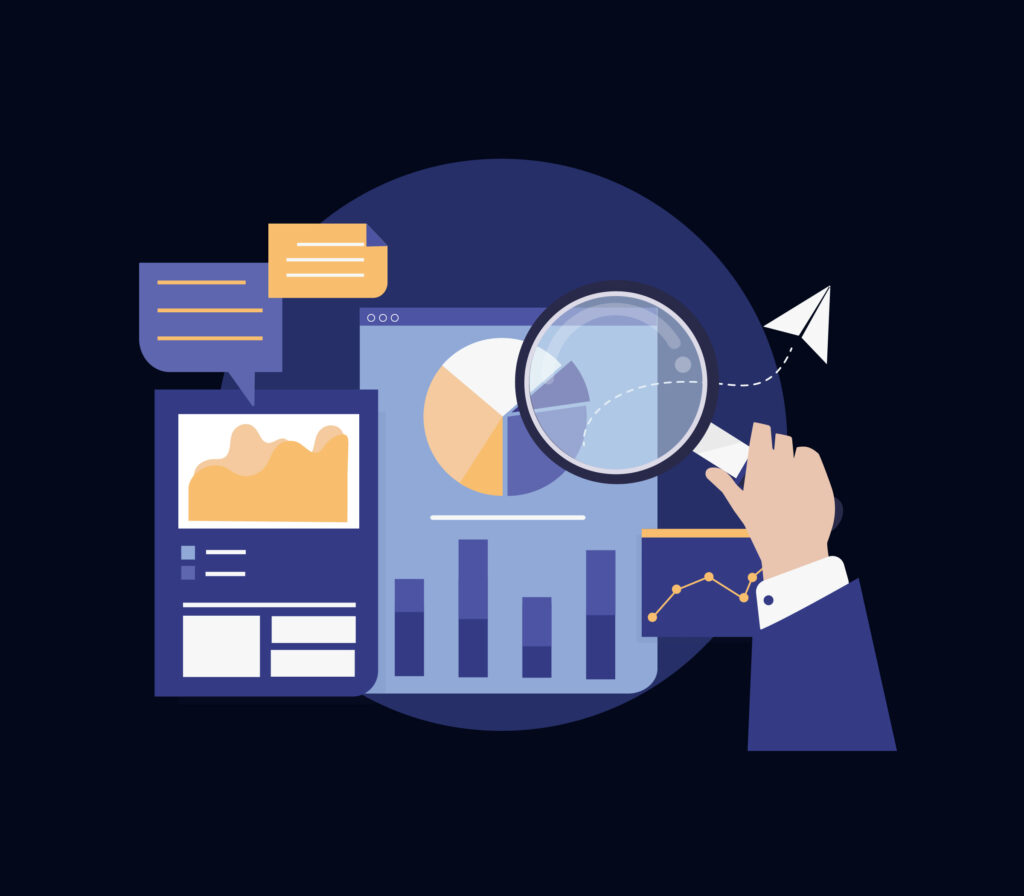 An illustration of a hand holding a magnifying glass over various graphs and charts, symbolizing data analysis and business insights with text bubbles in the background.