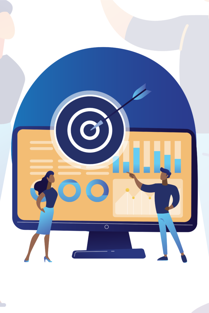 A digital dashboard featuring a target with an arrow, alongside two animated characters discussing data charts and analytics on a computer screen.