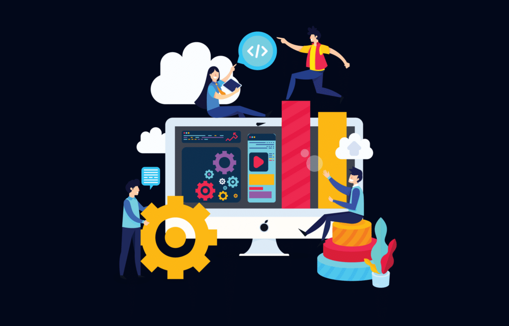 A colorful digital illustration depicting people engaging in coding and data analysis around a computer, with graphs, gears, and cloud elements.