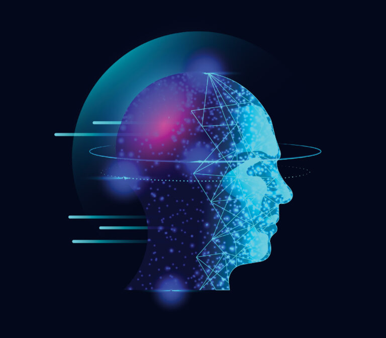 A digital illustration of a human head silhouette composed of geometric shapes and glowing particles, representing concepts of technology and innovation against a dark background.