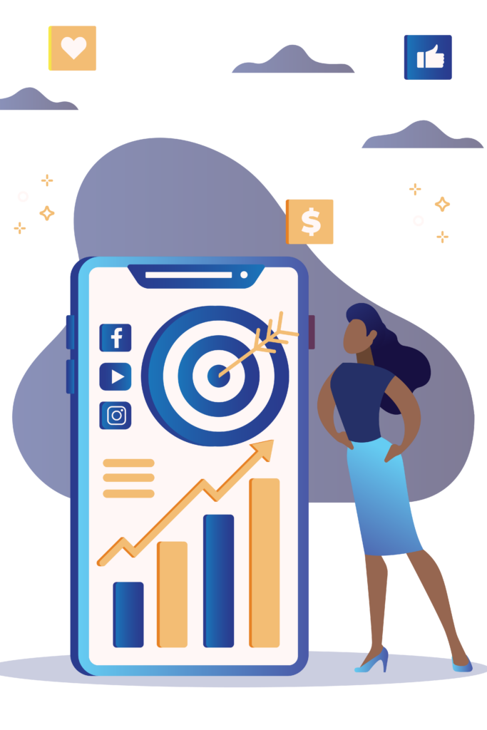 A woman stands next to a large smartphone displaying a target with an arrow, social media icons, and upward-trending graphs representing analytics and engagement.