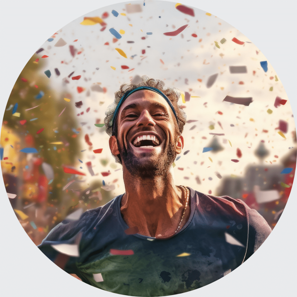 A joyful man laughing and celebrating amidst a shower of colorful confetti in an outdoor setting.